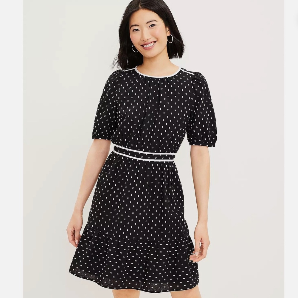 Loft Block Clip Flounce Puffed Sleeve Piped Dress Size 10